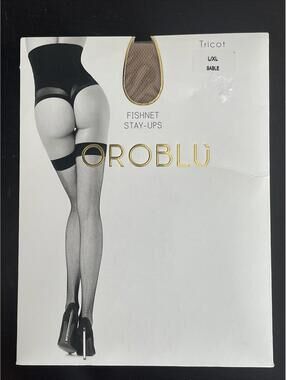 New  OROBLU Tricot Fishnet Stay Ups Stockings Size L / XL Sable
